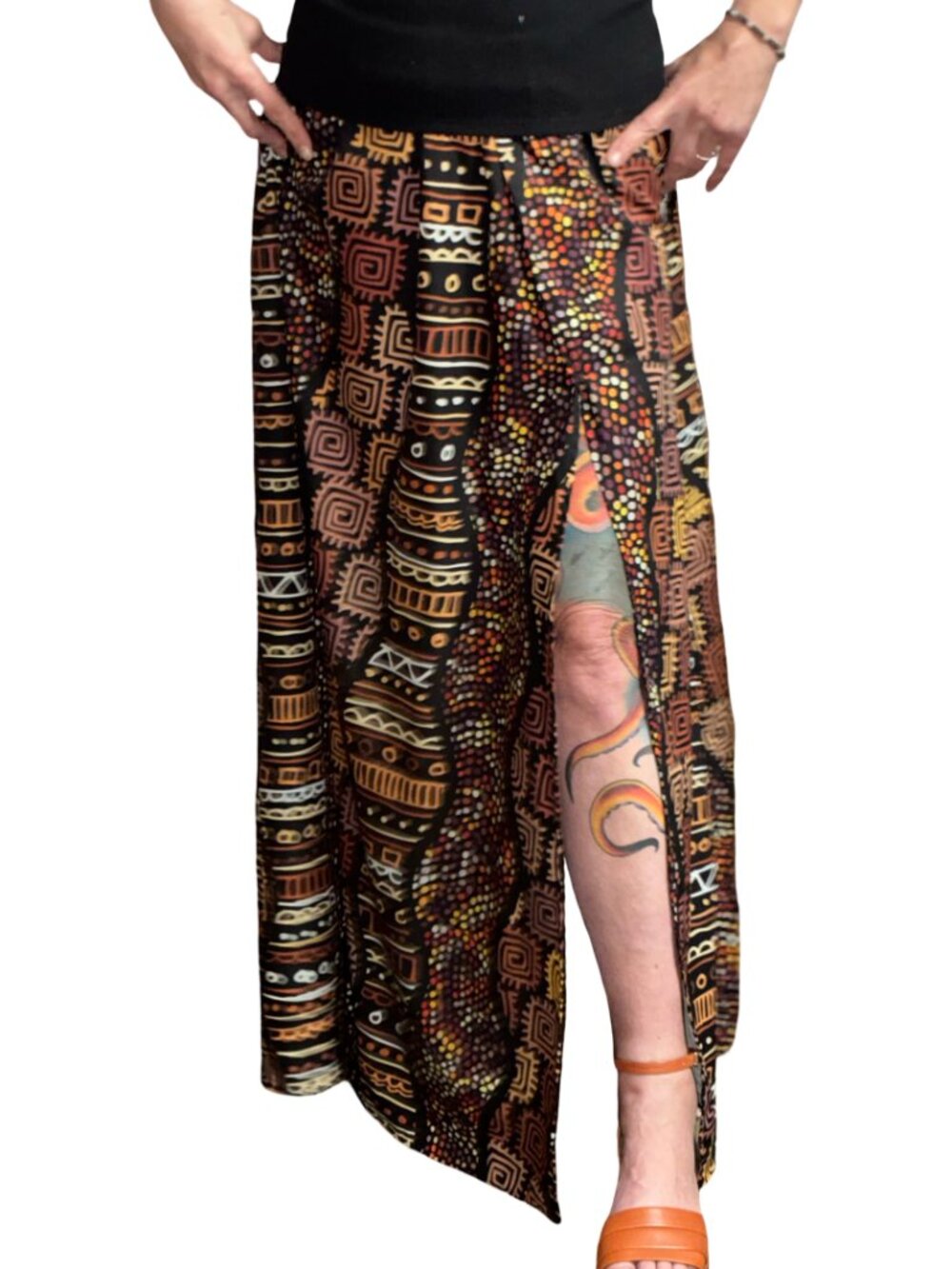 Sz.1X*SHEIN*Black/Brown Abstract-Print Maxi Dress W/ Big Slit